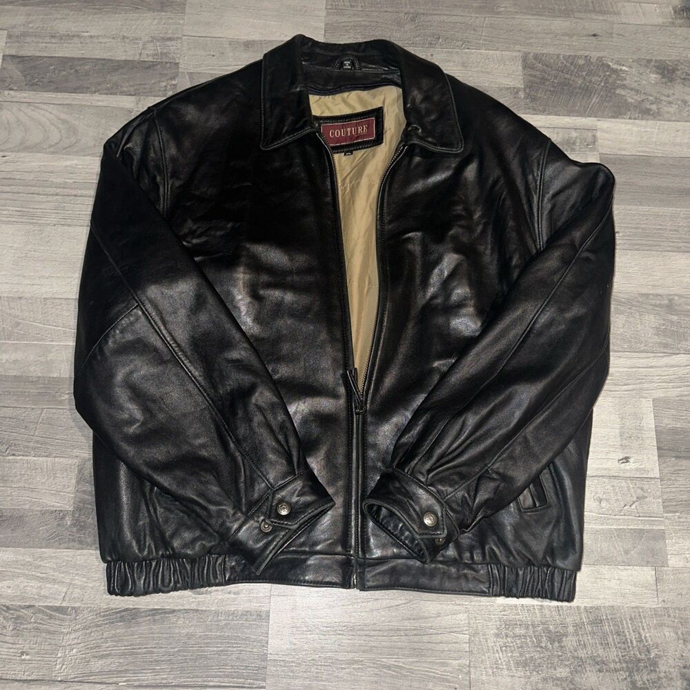 Couture by J Park Black Lamb Leather Bomber Jacket Mens XL Removable Lining VTG